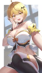 Rule 34 | 1girl, ahoge, bare shoulders, bat hair ornament, black choker, black shorts, black thighhighs, blonde hair, breasts, choker, cleavage, collarbone, crop top, crop top overhang, detached sleeves, frilled shirt, frills, hair ornament, hand up, highres, hololive, large breasts, linea alba, looking at viewer, menmen (menmen13s), midriff, open mouth, shirt, short hair, short shorts, short sleeves, shorts, sitting, skindentation, smile, solo, strapless, strapless shirt, thighhighs, virtual youtuber, white shirt, yellow eyes, yozora mel, yozora mel (2nd costume)
