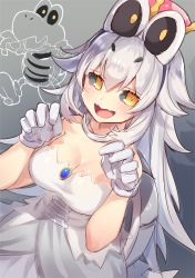 Rule 34 | 1girl, :d, bad id, bad tumblr id, bare shoulders, black sclera, breasts, bright pupils, cleavage, colored sclera, crown, dress, dry bones, dutch angle, fangs, gem, gloves, grey background, hands up, long hair, looking at viewer, mario (series), medium breasts, new super mario bros. u deluxe, nintendo, open mouth, pokoten (pokoten718), silver hair, slit pupils, smile, solo, strapless, strapless dress, super crown, white dress, white gloves, yellow eyes
