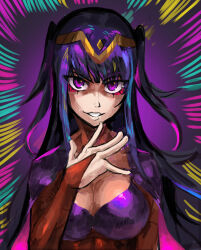 Rule 34 | 1girl, abstract, breasts, cleavage, colorful, eyeliner, fire emblem, fire emblem awakening, grin, hand on own chest, highres, long hair, looking at viewer, medium breasts, nintendo, purple eyes, purple hair, red eyeliner, saiykik, sidelocks, skin tight, smile, solo, tharja (fire emblem), two side up