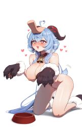 Rule 34 | 1girl, absurdres, ahoge, animal hands, bell, blue hair, breasts, cat paws, dog bowl, ganyu (genshin impact), genshin impact, hand on another&#039;s head, heart, heart-shaped pupils, highres, horns, keureu (tiqkdtiqkd10), large breasts, long hair, nipples, nude, open mouth, pet play, purple eyes, symbol-shaped pupils, tail