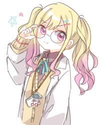 Rule 34 | 1girl, adjusting eyewear, aqua ribbon, bell, bespectacled, blonde hair, charm (object), closed mouth, coat, collared shirt, commentary, double-parted bangs, get over it. (project sekai), glasses, gradient hair, grey-framed eyewear, hair ornament, hairclip, id card, jingle bell, lab coat, long hair, long sleeves, looking at viewer, multicolored hair, neck ribbon, official alternate costume, open clothes, open coat, open collar, pentagram, pink eyes, pink hair, pink stripes, project sekai, purple shirt, ribbon, robot, round eyewear, shirt, sidelocks, simple background, smile, solo, star (symbol), striped, tenma saki, tsuchiyoko (hamu prsk), upper body, v-neck, wavy hair, white background