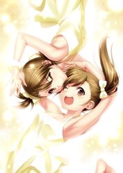 Rule 34 | 2girls, :d, arm behind head, arm up, armpits, blush, bow, breasts, brown eyes, brown hair, camisole, closed mouth, commentary request, eyelashes, futami ami, futami mami, hair between eyes, hair bow, head scarf, idolmaster, idolmaster (classic), long hair, looking at viewer, multiple girls, one eye closed, one side up, open mouth, round teeth, siblings, side ponytail, simple background, sisters, small breasts, smile, teeth, twins, upper body, upper teeth only, v-shaped eyebrows, yellow background, yellow bow, yellow camisole, zen (kamuro)