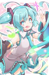 Rule 34 | 1girl, akino coto, aqua eyes, aqua hair, aqua nails, aqua necktie, blush, commentary, detached sleeves, fang, hand up, hatsune miku, highres, leaning forward, long hair, looking at viewer, nail polish, necktie, open mouth, skin fang, skirt, smile, solo, symbol-only commentary, thighhighs, twintails, very long hair, vocaloid, waving