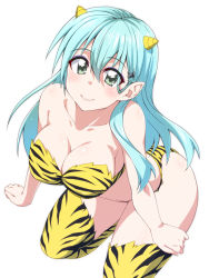 Rule 34 | 1girl, alternate costume, animal print, aqua hair, bare arms, bare shoulders, bikini, blue hair, blush, boots, breasts, cleavage, closed mouth, collarbone, cone horns, cosplay, eyebrows, eyeshadow, female focus, from above, green eyes, hair between eyes, hair ornament, hairclip, horns, kantai collection, kneeling, large breasts, leaning, leaning forward, legs, light blue hair, long hair, looking at viewer, looking up, lum, lum (cosplay), makeup, mikagami sou, navel, oni, pointy ears, revealing clothes, setsubun, simple background, smile, solo, strapless, strapless bikini, suzuya (kancolle), swimsuit, thighhighs, tiger print, tiger stripes, urusei yatsura, white background