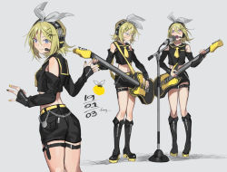 Rule 34 | 3girls, alternate color, alternate costume, arms at sides, bare shoulders, belt, black footwear, black gloves, black headphones, black nails, black shorts, black tank top, blonde hair, blue eyes, blush, boots, chain, cowboy shot, dated, detached sleeves, elbow gloves, electric guitar, expressionless, fingerless gloves, fingernails, food, freng, from behind, fruit, full body, gloves, grey background, guitar, hair ornament, hair ribbon, hairclip, happy, headphones, headset, holding, holding instrument, instrument, kagamine rin, knee boots, legs together, looking at viewer, looking back, looking down, microphone, midriff, multicolored nails, multiple girls, multiple views, music, nail polish, navel, necktie, open mouth, orange (fruit), playing instrument, ribbon, sailor collar, shadow, short hair, shorts, signature, simple background, singing, smile, standing, tank top, teeth, thigh strap, thighs, vocaloid, white ribbon, x hair ornament, yellow nails, yellow neckwear, yellow sailor collar, zipper