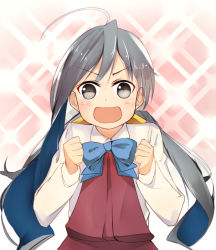 Rule 34 | &gt;:d, 10s, 1girl, :d, bow, bowtie, clenched hand, green bow, grey eyes, grey hair, kantai collection, kiyoshimo (kancolle), long hair, looking at viewer, low twintails, open mouth, school uniform, smile, solo, sparkle, twintails, unajuu (set mk), upper body, v-shaped eyebrows