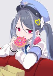 Rule 34 | 1girl, antenna hair, armband, bag, blue archive, blue hat, blue necktie, bow, doughnut, eating, flat color, food, food on face, fubuki (blue archive), gotyou, grey background, grey hair, hair between eyes, hair bow, hair ornament, hat, heart, heart hair ornament, holding, holding food, leaning, leaning forward, long hair, multicolored hair, necktie, paper bag, red eyes, simple background, sketch, sleeves past wrists, solo, streaked hair, tongue, tongue out, twintails, white bow
