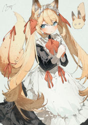 Rule 34 | 1girl, animal ear fluff, animal ears, apron, black dress, blue eyes, blush, bow, bowtie, closed mouth, commentary request, dress, fox, fox ears, fox girl, fox tail, grey background, hair bow, highres, long dress, long hair, looking at viewer, maid, maid apron, maid headdress, orange hair, original, own hands clasped, own hands together, potg (piotegu), red bow, red bowtie, red ribbon, ribbon, signature, simple background, solo, tail, tail ornament, tail ribbon, twintails, white apron