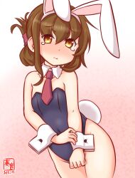 Rule 34 | 1girl, animal ears, artist logo, bare legs, black leotard, blush, covered navel, cowboy shot, detached collar, fake animal ears, fake tail, gradient background, inazuma (kancolle), kanon (kurogane knights), kantai collection, leotard, necktie, one-hour drawing challenge, pink background, playboy bunny, rabbit ears, rabbit tail, red necktie, solo, strapless, strapless leotard, tail, tears, wrist cuffs