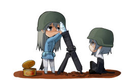 Rule 34 | 2girls, aasara, ammunition, artillery, black legwear, can, canned food, cannon, cat tail, chibi, covering own ears, eila ilmatar juutilainen, female focus, fish, food, fox tail, full body, green eyes, grey eyes, grey hair, helmet, long hair, military, military uniform, mortar (weapon), multiple girls, pantyhose, reloading, sanya v. litvyak, shell (projectile), short hair, strike witches, tail, tosarayama, uniform, white legwear, world witches series