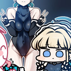 Rule 34 | 1boy, 1girl, ^ ^, doodle sensei (blue archive), bare shoulders, black gloves, blonde hair, blue archive, blue eyes, blush stickers, breasts, cameltoe, chibi, cleft of venus, closed eyes, commentary, covered navel, double v, elbow gloves, fingerless gloves, gloves, gluteal fold, halo, jazz jack, leotard, licking, lowres, medium breasts, sensei (blue archive), toki (blue archive), tongue, tongue out, v