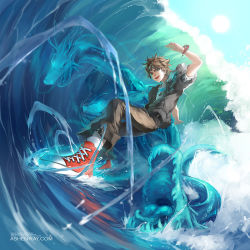 Rule 34 | 1boy, blue eyes, brown hair, converse, dragon, jacket, male focus, open mouth, shoes, sneakers, solo, surfing, water, waves
