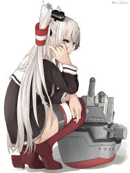 Rule 34 | 1girl, absurdres, amatsukaze (kancolle), brown dress, dress, fingernails, full body, garter straps, gloves, unworn gloves, hair tubes, hairband, highres, kantai collection, long hair, long sleeves, red footwear, red legwear, rensouhou-kun, sailor collar, sailor dress, sanada ina, short dress, signature, silver hair, simple background, single glove, solo, squatting, striped, thighs, two side up, white background, white gloves, yellow eyes