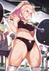 Rule 34 | 1girl, 4boys, abs, blonde hair, breasts, character request, cleavage, covered erect nipples, dumbbell nan kilo moteru?, exercising, gym, highres, indoors, large breasts, looking away, medium hair, mole, mole under mouth, multiple boys, muscular, muscular female, navel, open mouth, ponytail, purple eyes, scrunchie, solo focus, somesomesome, standing, sweat, thighhighs, thighs, underboob, weightlifting, white thighhighs