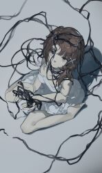 Rule 34 | 1girl, absurdres, bare arms, bare shoulders, barefoot, brown eyes, brown hair, cable, commentary, dress, english commentary, entangled, expressionless, foreshortening, from above, full body, grey background, hair ornament, highres, holding, holding cable, iwakura lain, looking at viewer, looking up, serial experiments lain, shadow, short hair, simple background, sitting, sleeveless, sleeveless dress, solo, swept bangs, wariza, white dress, x hair ornament, x zhaohuan x