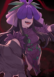 Rule 34 | 1girl, absurdres, black footwear, black gloves, black hair, boots, china dress, chinese clothes, dress, duplicate, flower, flower on head, gloves, highres, kawayabug, knee boots, long hair, outstretched arms, pixel-perfect duplicate, purple dress, purple eyes, purple flower, short sleeves, smile, solo, touhou, unfinished dream of all living ghost, vine print, yomotsu hisami