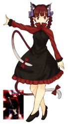 Rule 34 | 1girl, alternate costume, bad id, bad twitter id, bow, braid, cat tail, double dealing character, extra ears, female focus, kaenbyou rin, multiple tails, pointy ears, red eyes, red hair, sekibanki, solo, tail, touhou, twin braids, twintails, urin
