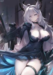 Rule 34 | 1girl, absurdres, ahoge, animal ear fluff, animal ears, assault rifle, black dress, blue archive, blue eyes, breasts, cleavage, closed mouth, commentary request, covered navel, dress, gluteal fold, grey hair, gun, hair ornament, hair over one eye, highres, holding, holding gun, holding weapon, juliet sleeves, large breasts, long sleeves, nekoya (liu), puffy sleeves, shiroko (blue archive), shiroko terror (blue archive), sig sauer 556, signature, skindentation, solo, thigh gap, thigh strap, twitter username, weapon