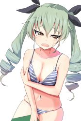 Rule 34 | 1girl, anchovy (girls und panzer), blush, bra, breasts, brown eyes, cleavage, collarbone, drill hair, frown, girls und panzer, green hair, hair ornament, hair ribbon, half-closed eyes, long hair, looking at viewer, medium breasts, navel, open mouth, panties, ribbon, simple background, skindentation, solo, striped bra, striped clothes, striped panties, tsuru (tsubasa1993621), twin drills, twintails, underwear, white background