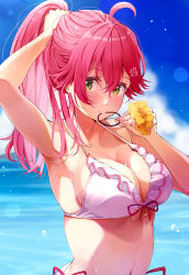 Rule 34 | 1girl, ahoge, arm up, bikini, blush, breasts, cleavage, commentary request, day, frilled bikini, frills, green eyes, hair ornament, hair tie in mouth, halterneck, hand up, highres, holding, holding own hair, hololive, large breasts, long hair, looking at viewer, mouth hold, nail polish, navel, nira (vira), ocean, outdoors, pink hair, pink nails, ponytail, sakura miko, scrunchie, solo, stomach, swimsuit, upper body, virtual youtuber, wet, white bikini