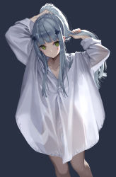 Rule 34 | 1girl, absurdres, black background, blunt bangs, bottomless, expressionless, facial hair, facial mark, girls&#039; frontline, green eyes, hair ornament, highres, hk416 (girls&#039; frontline), long hair, looking at viewer, m2 (guvn5745), naked shirt, oversized clothes, ponytail, see-through, see-through shirt, shirt, silver hair, solo, tying hair, white shirt