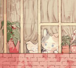 Rule 34 | animal, animal focus, brick, calico, cat, chromatic aberration, closed mouth, curtains, closed eyes, film grain, flower, flower pot, head rest, looking at another, looking to the side, moricky, muted color, no humans, original, plant, potted plant, shade, sleeping, smile, window, windowsill