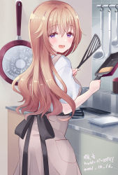 Rule 34 | 1girl, apron, back bow, black bow, blonde hair, blush, bow, breasts, commentary, cooking, counter, cowboy shot, cream (nipakupa), frying pan, holding, holding frying pan, holding spatula, indoors, kitchen, konoe kanata, ladle, long hair, looking at viewer, looking back, love live!, love live! nijigasaki high school idol club, medium breasts, open mouth, purple eyes, shirt, short sleeves, smile, solo, spatula, stove, teeth, tongue, upper body, upper teeth only, white shirt