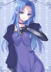 Rule 34 | 1girl, absurdres, black gloves, blue background, blue eyes, blue hair, collarbone, dress, fate/stay night, fate (series), floating hair, gloves, highres, lipstick, long hair, long sleeves, looking at viewer, makeup, medea (fate), pointy ears, purple dress, purple lips, smile, solo, standing, toosaka asagi, very long hair