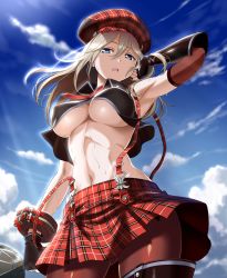 Rule 34 | 10s, 1girl, alisa ilinichina amiella, armpits, blonde hair, blue eyes, breasts, cloud, day, elbow gloves, covered erect nipples, female focus, fingerless gloves, gloves, god eater, god eater burst, hat, highres, large breasts, long hair, looking at viewer, midriff, navel, pantyhose, skirt, solo, stomach, suspender skirt, suspenders, sweat, taturouxs, thighhighs, underboob, wet