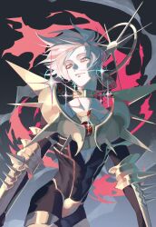 Rule 34 | 1boy, blue eyes, collar, earrings, eyeliner, fate/grand order, fate (series), gradient background, highres, holding, holding polearm, holding weapon, jewelry, karna (fate), looking to the side, male focus, pale skin, polearm, red eyeliner, sailin, short hair, simple background, smile, solo, sparkle, spear, spiked collar, spikes, standing, upper body, weapon, white hair