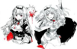 Rule 34 | 1girl, blood, blood on breasts, blood on face, blunt bangs, breasts, cleavage, holding, hololive, hololive english, long hair, looking at viewer, mace, mori calliope, red eyes, ryuuen, smile, spikes, sword, veil, virtual youtuber, weapon