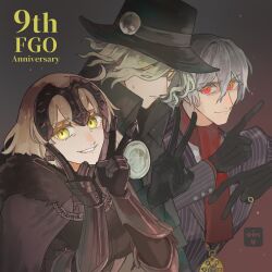 Rule 34 | 1girl, 2boys, anniversary, antonio salieri (fate), antonio salieri (second ascension) (fate), armor, artist logo, artist name, black cape, black cloak, black gloves, black hat, blonde hair, cape, cloak, closed mouth, cross-shaped pupils, double v, edmond dantes (fate), fate/grand order, fate (series), fedora, formal, frown, fur-trimmed cape, fur trim, gauntlets, gk98tm, gloves, glowing, glowing eyes, grey hair, grey jacket, grin, hair between eyes, hair over one eye, hat, headpiece, highres, jacket, jeanne d&#039;arc alter (avenger) (fate), jeanne d&#039;arc alter (fate), jewelry, long sleeves, looking at viewer, multiple boys, pinstripe jacket, pinstripe pattern, pinstripe suit, red eyes, red scarf, ring, scarf, short hair, smile, striped suit, suit, sweat, symbol-shaped pupils, upper body, v, yellow eyes