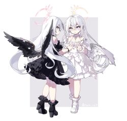 Rule 34 | 2girls, angel, angel wings, asymmetrical clothes, azusa (blue archive), black dress, black footwear, black socks, black wings, blue archive, dress, duplicate, feathered wings, feathers, full body, grey eyes, halo, high heels, long hair, multiple girls, pixel-perfect duplicate, saru, shoes, socks, white dress, white footwear, white hair, white socks, white wings, wings