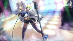 Rule 34 | 1girl, anya melfissa, black gloves, black shorts, blue eyes, blue hair, breasts, chibi, commentary, english commentary, fishnets, gloves, glowstick, hair ornament, hairclip, highres, holding, holding microphone, hololive, hololive indonesia, jacket, kureiji ollie, large breasts, long hair, long sleeves, looking at viewer, microphone, microphone stand, multicolored hair, off shoulder, open mouth, pavolia reine, pavolia reine (streetwear), shoes, short shorts, shorts, single thighhigh, sneakers, solo focus, stage, stage lights, takuyarawr, thigh strap, thighhighs, two-tone hair, virtual youtuber, white hair, white jacket, | |