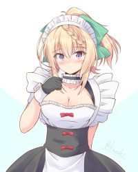 Rule 34 | 1girl, alternate costume, alternate hairstyle, apron, black gloves, black skirt, blonde hair, braid, braided bangs, breasts, commentary request, enmaided, frilled apron, frills, gloves, highres, kantai collection, large breasts, long hair, maid, maid headdress, one-hour drawing challenge, perth (kancolle), ponytail, purple eyes, shirt, shizuna kaede, skirt, solo, waist apron, white apron, white shirt