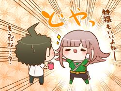 Rule 34 | 1boy, 1girl, ahoge, arms up, backlighting, belt buckle, black eyes, black pants, boots, breasts, brown hair, buckle, can, character request, chibi, collar, commentary request, copyright request, cosplay, danganronpa (series), danganronpa 2: goodbye despair, drink can, emphasis lines, eyelashes, from behind, galaga, gloves, gold belt, green footwear, green shirt, hair ornament, hairclip, hinata hajime, holding, holding can, knee boots, large breasts, light blush, long hair, long sleeves, nanami chiaki, open mouth, orange background, pants, patterned background, pink hair, sheath, sheathed, shirt, shoes, short hair, short sleeves, simple background, smile, soda can, solid oval eyes, sparkle, spiked hair, sweatdrop, sword, translation request, v-shaped eyebrows, weapon, white collar, white footwear, white gloves, white shirt, yumaru (marumarumaru)