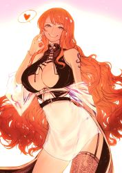 Rule 34 | 1girl, bare shoulders, belt, breasts, cleavage cutout, clothing cutout, dress, earrings, garter belt, grin, hand gesture, heart, highres, jewelry, large breasts, long hair, looking at viewer, nami (one piece), one piece, orange eyes, orange hair, shoulder tattoo, single thighhigh, smile, solo, sugawaramu21, tattoo, thighhighs