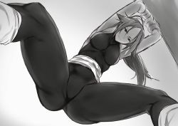 Rule 34 | 1girl, arms up, bleach, breasts, closed mouth, commentary request, dark-skinned female, dark skin, greyscale, highres, kuma (jk0073), large breasts, long hair, looking at viewer, monochrome, ponytail, sash, shihouin yoruichi, smile, solo, stretching