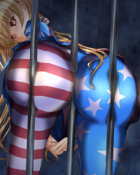 Rule 34 | 1girl, american flag legwear, ass, bent over, between buttocks, blonde hair, blush, cage, clownpiece, deep skin, from behind, highres, huge ass, long hair, looking at viewer, looking back, pantyhose, red eyes, shiny clothes, shounen (hogehoge), solo, sweat, touhou, very long hair