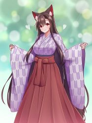 Rule 34 | 1girl, :d, alternate costume, animal ear fluff, animal ears, blurry, blurry background, bokeh, breasts, brown hair, closed mouth, commentary request, depth of field, eyes visible through hair, full body, hakama, hashi2387, heart, highres, imaizumi kagerou, japanese clothes, kimono, large breasts, long hair, long sleeves, looking at viewer, open mouth, pink kimono, red eyes, sleeves past wrists, smile, solo, standing, touhou, very long hair, wide sleeves, wolf ears, wolf girl, yagasuri