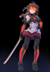 Rule 34 | 1girl, :d, ahoge, asakura mihono, black background, brown hair, closed eyes, commentary request, corruption, dark persona, full body, glowing, hand on own hip, head-mounted display, highres, holding, holding sword, holding weapon, katana, long hair, mind control, minoseki gakuin uniform, motsutoko, multicolored hair, open mouth, red skirt, skirt, smile, solo, standing, streaked hair, sword, toji no miko, weapon, white hair