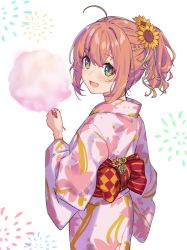 Rule 34 | 1girl, :d, absurdres, ahoge, blush, braid, commentary request, cotton candy, cowboy shot, fireworks, floral print, flower, food, green eyes, hair flower, hair ornament, highres, holding, holding food, honma himawari, japanese clothes, kimono, long sleeves, looking at viewer, looking back, nijisanji, obi, open mouth, orange hair, pink kimono, ponytail, red sash, sash, smile, solo, sunflower, sunflower hair ornament, virtual youtuber, white background, wide sleeves, yumesaki nana