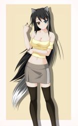 Rule 34 | 1girl, absurdres, animal ears, bad id, bad pixiv id, bare shoulders, black hair, black thighhighs, blue eyes, breasts, brown eyes, cleavage, dog ears, dog tail, heterochromia, highres, long hair, looking at viewer, midnight (banyex), midriff, navel, off shoulder, off shoulder shirt, pen, simple background, smile, solo, tail, thighhighs, very long hair, zettai ryouiki