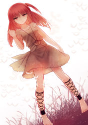 Rule 34 | 1girl, ankle lace-up, barefoot, cross-laced footwear, cuivre, grass, long hair, magi the labyrinth of magic, morgiana, red eyes, red hair, side ponytail, solo, translucent