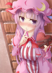 Rule 34 | 1girl, blush, book, bookshelf, box, coat, commentary request, crescent, dress, finger to mouth, gift, gift box, hat, heart-shaped box, incoming gift, long hair, long sleeves, looking at viewer, mob cap, open clothes, open coat, panties, patchouli knowledge, purple dress, purple hair, purple panties, ram hachimin, shushing, solo, striped clothes, striped dress, touhou, underwear, valentine, very long hair