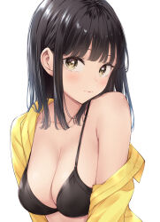 Rule 34 | 1girl, :|, bare shoulders, black bra, black hair, blunt bangs, blush, bra, breasts, cleavage, closed mouth, collarbone, highres, jacket, large breasts, light blush, long sleeves, looking at viewer, looking to the side, medium hair, off shoulder, open clothes, open jacket, original, sidelocks, simple background, solo, underwear, upper body, white background, wing (aiastor), yellow eyes