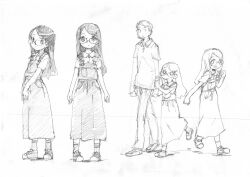 Rule 34 | 1boy, 1girl, absurdres, age difference, buttons, character request, check character, collared shirt, full body, glasses, greyscale, hair ornament, hairclip, height difference, highres, holding another&#039;s arm, long hair, monochrome, multiple views, original, overall skirt, pants, shirt, shoes, socks, standing, t-shirt, traditional media, tsukumizu yuu, walking, white background