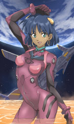 Rule 34 | 1girl, black hair, bodysuit, breasts, company connection, cosplay, cowboy shot, dark-skinned female, dark skin, earrings, earth (planet), fushigi no umi no nadia, gainax, green eyes, highres, interface headset, jewelry, lcl, logo, looking at viewer, nadia la arwall, neon genesis evangelion, open mouth, planet, plugsuit, pretty-purin720, purple bodysuit, short hair, sky, small breasts, smile, solo, space, spacecraft, star (sky), starry sky