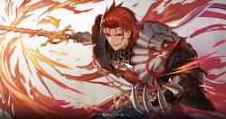 Rule 34 | 1boy, absurdres, armor, clawed gauntlets, commentary request, eyes visible through hair, fire, gauntlets, granblue fantasy, hair slicked back, highres, holding, holding sword, holding weapon, injury, looking at viewer, male focus, outstretched arm, pauldrons, percival (granblue fantasy), red eyes, red hair, saku (sakudeji), shoulder armor, smile, solo, subtitled, sword, translation request, weapon