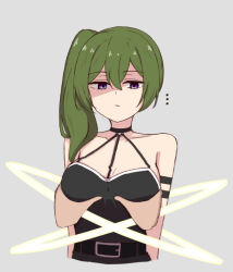 Rule 34 | ..., 1girl, arm strap, bare shoulders, belt, black choker, black dress, breasts, chirun0, choker, cleavage, commentary, cropped torso, disembodied hand, dress, english commentary, expressionless, grabbing, grabbing another&#039;s breast, green hair, grey background, groping, large breasts, long hair, looking at viewer, o-ring, o-ring choker, pov, purple eyes, restrained, shaded face, side ponytail, simple background, sorganeil, sousou no frieren, ubel (sousou no frieren), upper body